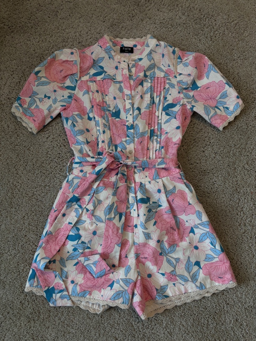 Fate Floral Button-Up Romper in Pink, Blue & Cream